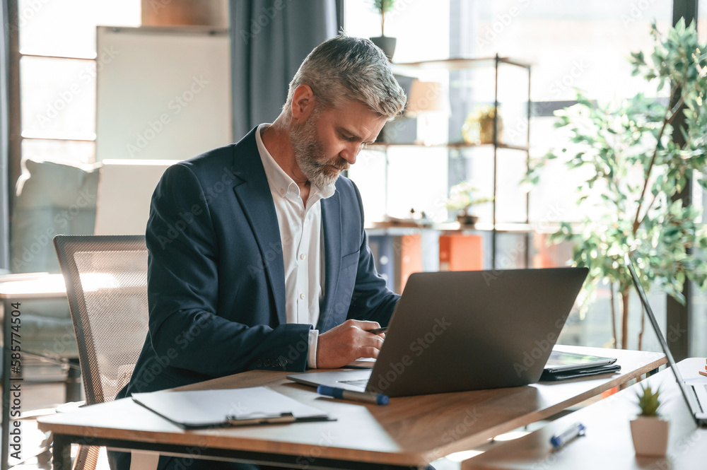 Using laptop. Senior businessman is working in the office Using laptop. Senior businessman is working in the office