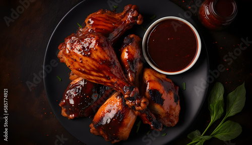Chicken wings on a plate with BBQ sauce and garnish, Generative AI