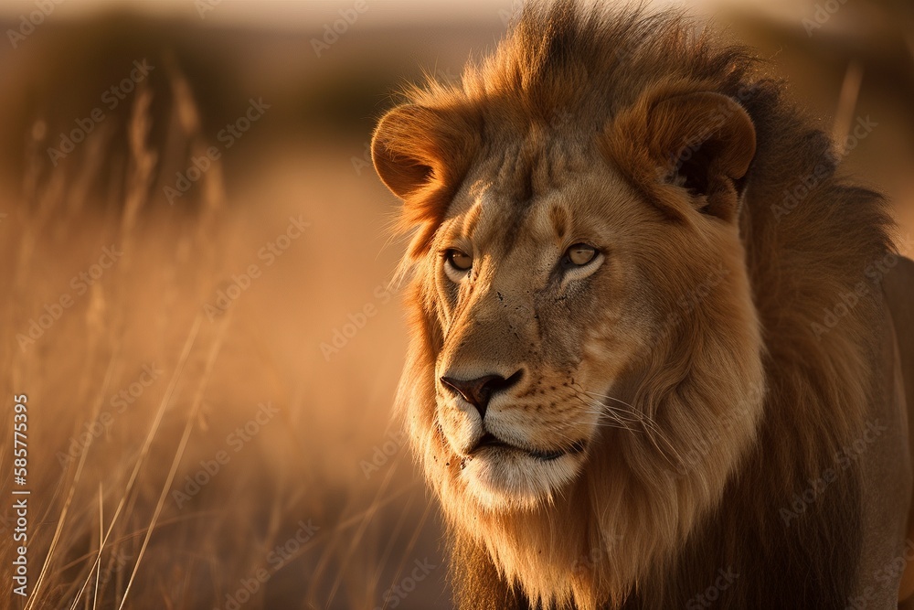 Fototapeta premium African Lion Roaming the Vast Grasslands, Majestic and Powerful King of the Savannah by Generative AI