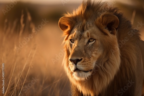 African Lion Roaming the Vast Grasslands  Majestic and Powerful King of the Savannah by Generative AI