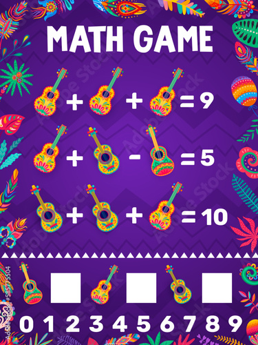 Wallpaper Mural Math game worksheet, mexican music guitars and flowers counting puzzle quiz. Vector musical instruments of Mexico fiesta party mariachi in frame of floral pattern. Cartoon vihuela guitars Torontodigital.ca
