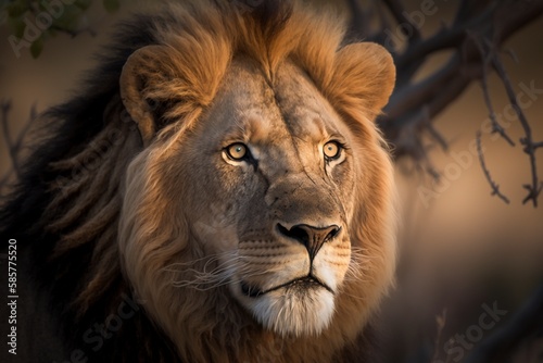 African Lion Roaming the Vast Grasslands, Majestic and Powerful King of the Savannah by Generative AI