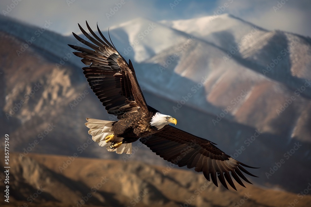 Bald Eagle Soaring High Above Rugged Mountain Peaks, Scanning Landscape ...