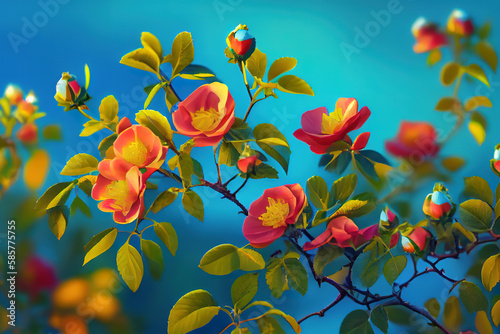 Beautiful spring border  blooming rose bush on a blue background. Generative Ai