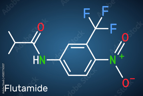 Flutamide molecule. It is is antiandrogen used for locally confined stage B2-C and D-2 metastatic prostate carcinoma. Structural chemical formula on the dark blue background.
