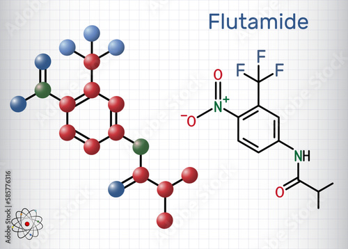Flutamide molecule. It is is antiandrogen used for locally confined stage B2-C and D-2 metastatic prostate carcinoma. Structural formula, molecule model. Sheet of paper in a cage.
