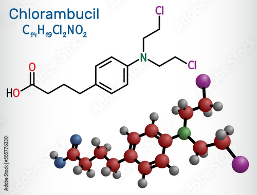 Chlorambucil molecule. It is chemotherapy agent used in the treatment of lymphocytic leukemia, malignant lymphomas. Structural chemical formula, molecule model.