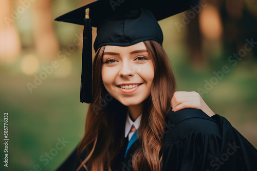 young happy graduate in square academic cap on background of the university