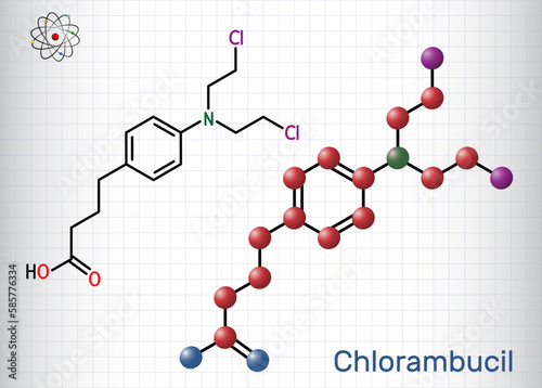 Chlorambucil molecule. It is chemotherapy agent used in the treatment of lymphocytic leukemia, malignant lymphomas. Structural chemical formula, molecule model. Sheet of paper in a cage.