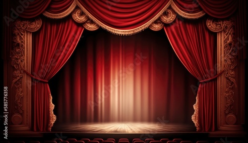Glorious red curtain above empty theatre stage. Postproducted generative AI digital illustration.