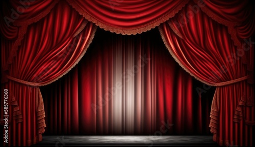 Glorious red curtain above empty theatre stage. Postproducted generative AI digital illustration.