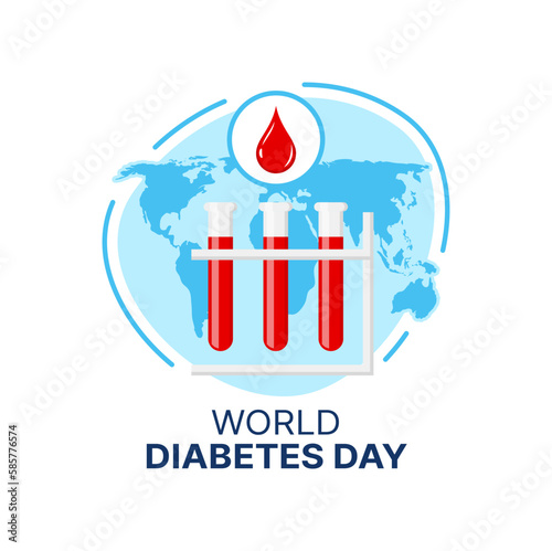 World Diabetes Day icon of vector blood drop in blue circle, glucose or sugar level test tubes on world map background. Global awareness campaign of diabetes mellitus disease, 14th November symbol