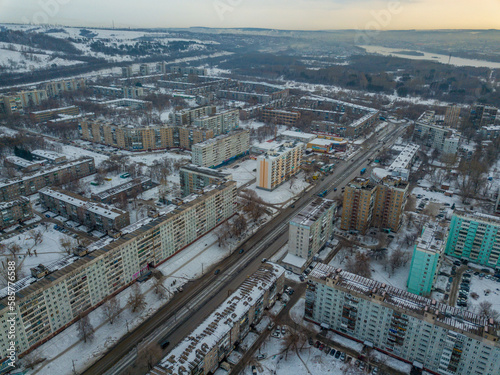 Novokuznetsk city district in early spring from a bird's-eye view