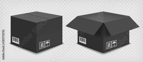 Black open and closed cardboard boxes.