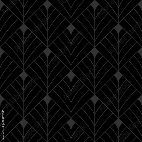 Black Art Deco diamond fan pattern. Luxury geometric decor. 
