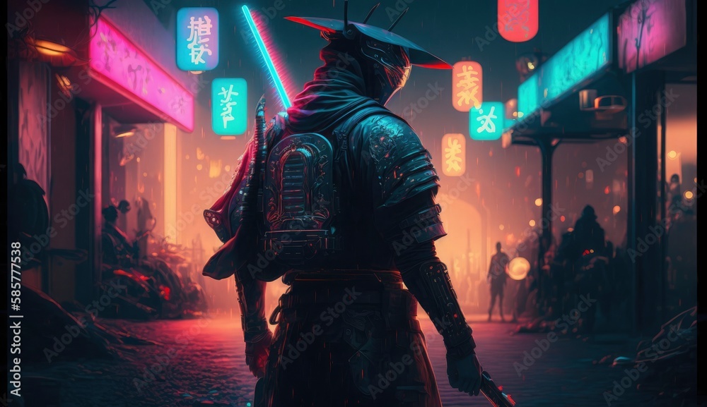 Armed samurai and street with blurred neon lights at night on background. Postproducted generative AI digital illustration with non existing person. Armed samurai and street with blurred neon lights at night on background. Postproducted generative AI digital illustration with non existing person.