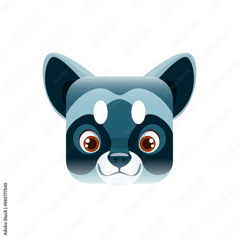 Raccoon cartoon kawaii square animal face, isolated vector racoon portrait. Forest habitat character, zoo, game or book personage, design element, app button, graphics icon