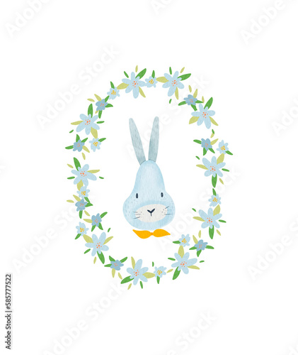 Beautiful invitation card with a rabbit in floral frame for postcard design. Easter banner.