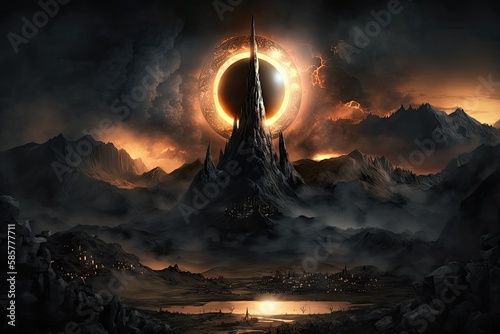 nighttime scene, with the eye of sauron shining above the black towers of mordor, created with generative ai