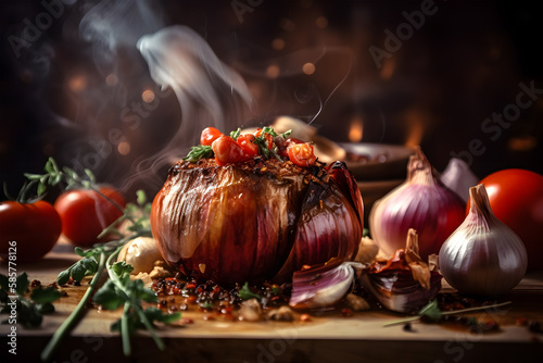 Baked potato, tomato, mushroom and onion on wooden table with smoke on background. Food design. Baked meat. Delicious dish. Artistic blur. Generative AI technology.