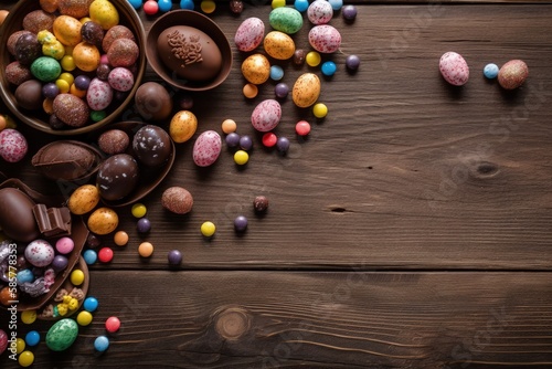 festive Easter-themed wooden table with an assortment of colorful chocolate eggs and candies. Generative AI