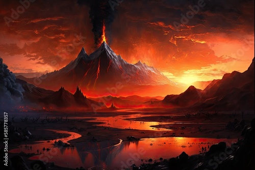 view of mordor landscape, with the fiery glow of mount doom in the distance, created with generative ai photo