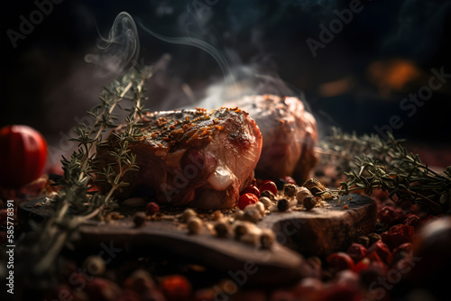 Grilled beef steak on a dark background with smoke. Baked meat. Delicious dish. Artistic blur. Generative AI technology.