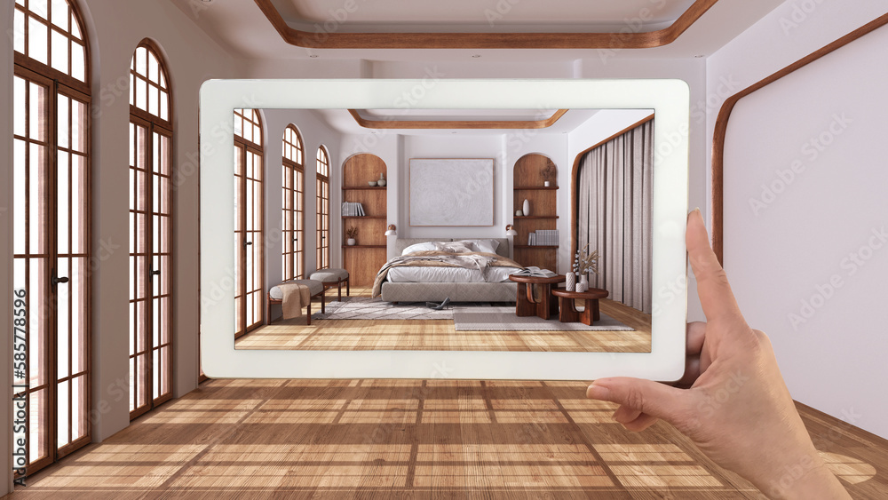 Augmented reality concept. Hand holding tablet with AR application used to  simulate furniture and design products in empty interior with parquet  floor, japandi bedroom Stock Illustration | Adobe Stock