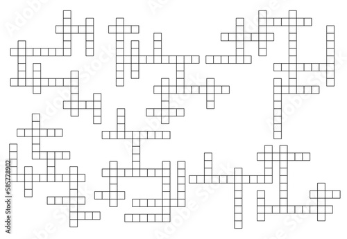 Crossword game grid templates, word guess quiz layout empty boxes, vector set. Crossword game grid vertical and horizontal cross boxes for word guess quiz or intellectual riddle play template