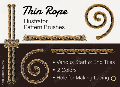 Set of 4 vector rope pattern brushes. 2 colors and 2 different styles of ends. Thin rope and design elements for lacing. Warm natural colors. Vintage detailed style.