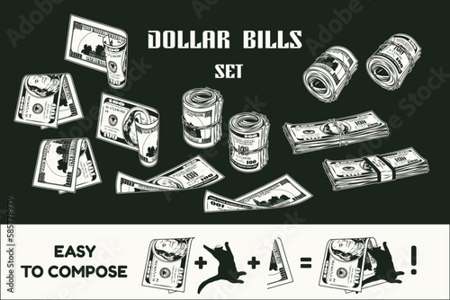 Set of 100 dollar bills with obverse and reverse side. Money rolls, wads of cash money, bent, folded, twisted banknotes. Vintage style. Colorful detailed vector illustration on black background.
