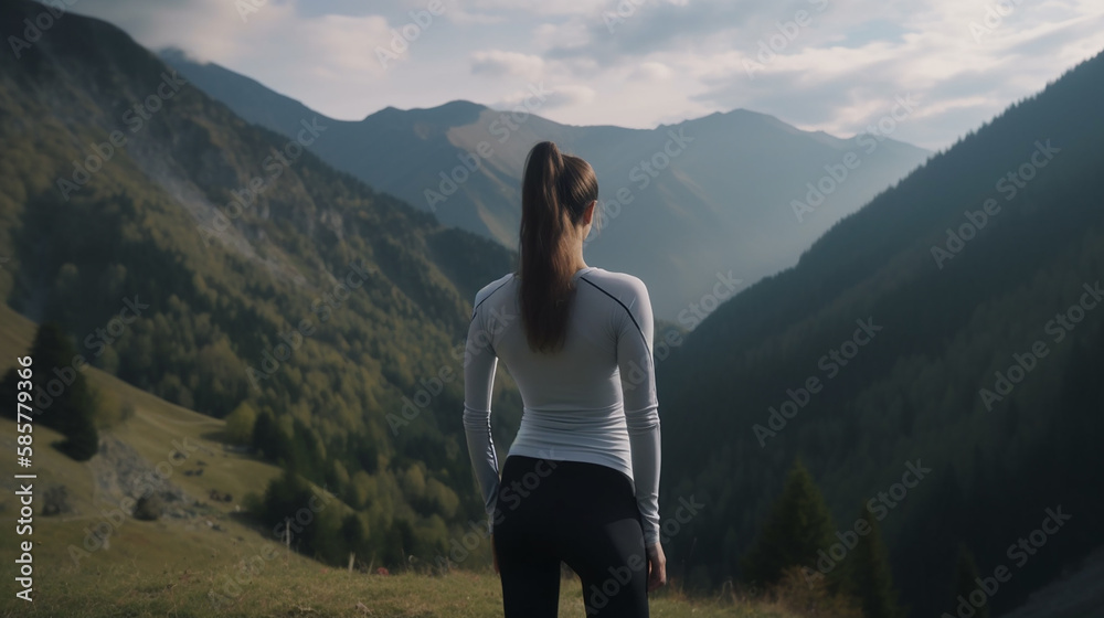 Woman dressed sportwear with mountains landscape, Travel, Sport woman, Trekking, Generative AI	