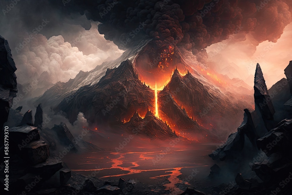 the interior of the volcanic mountain range of mordor, with smoke and lava flowing freely, created with generative ai - obrazy, fototapety, plakaty 
