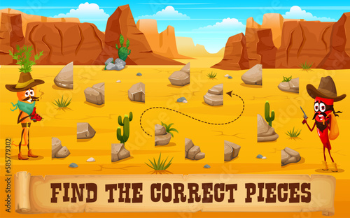Western kids game find the correct piece of stones in wild west desert. Match the half cartoon vector worksheet with funny cowboys carrot and chilli pepper in arizona canyon with separated rocks