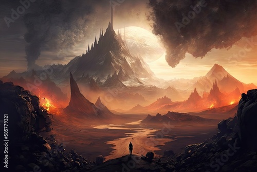 mordor landscape, with towering mountains and fiery volcanoes in the background, created with generative ai photo