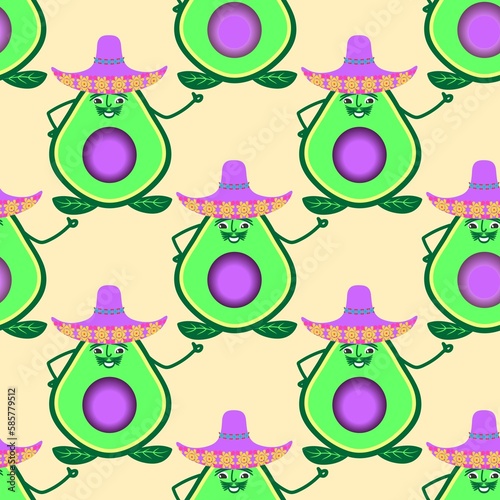 avocado in the cut. a cheerful mustachioed Mexican man in a sombrero on a beige background. ripe fruit. bright colorful stylized poster. seamless pattern. cover. children's print.