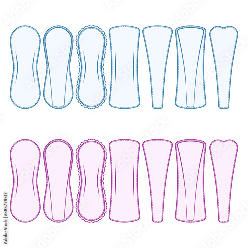 Set of color illustrations with panty liners. Isolated vector objects on white background.