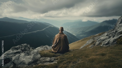 Monk meditation in the mountains. Generative AI © dDenVil