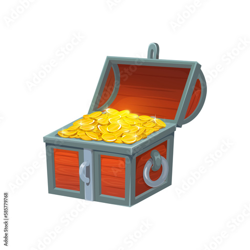 Open treasure chest with golden coins, vector wooden trunk with pirate loot. Isolated cartoon box, ui game asset. Opened coffer with gold trophy, ancient royal money case, decorated box with treasury