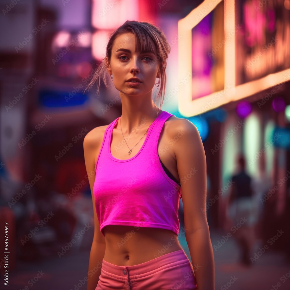 The girl model on the street in pink under neon lights, fashion generative ai