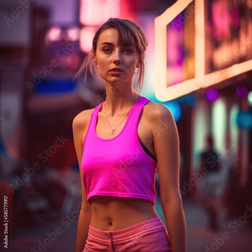 The girl model on the street in pink under neon lights  fashion generative ai