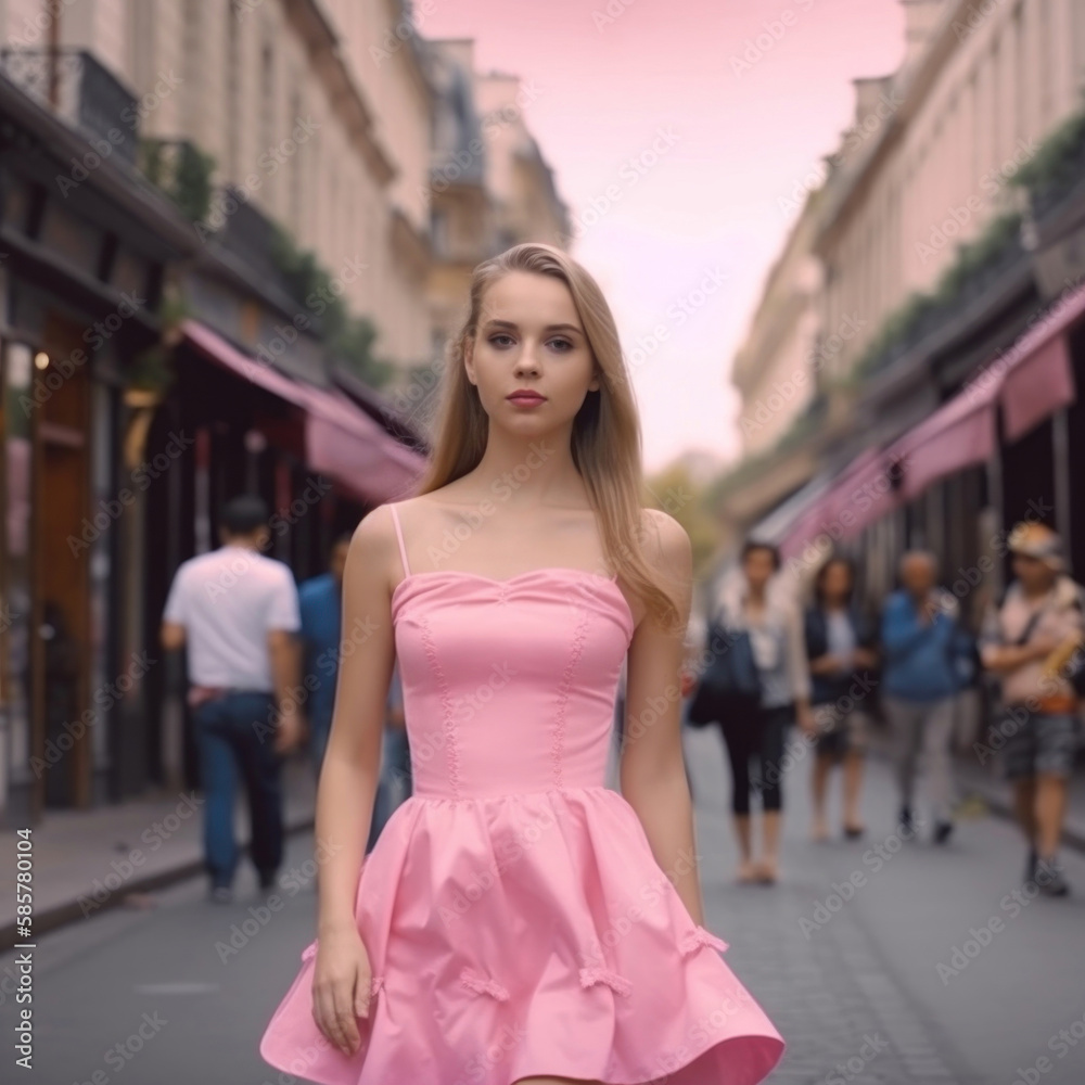 A model girl on the street in a pink dress, fashion generative ai