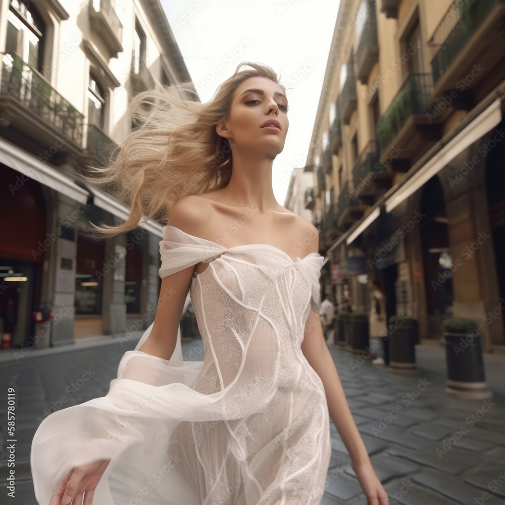 Naklejka premium Model girl on the street in a white dress, fashion generative ai