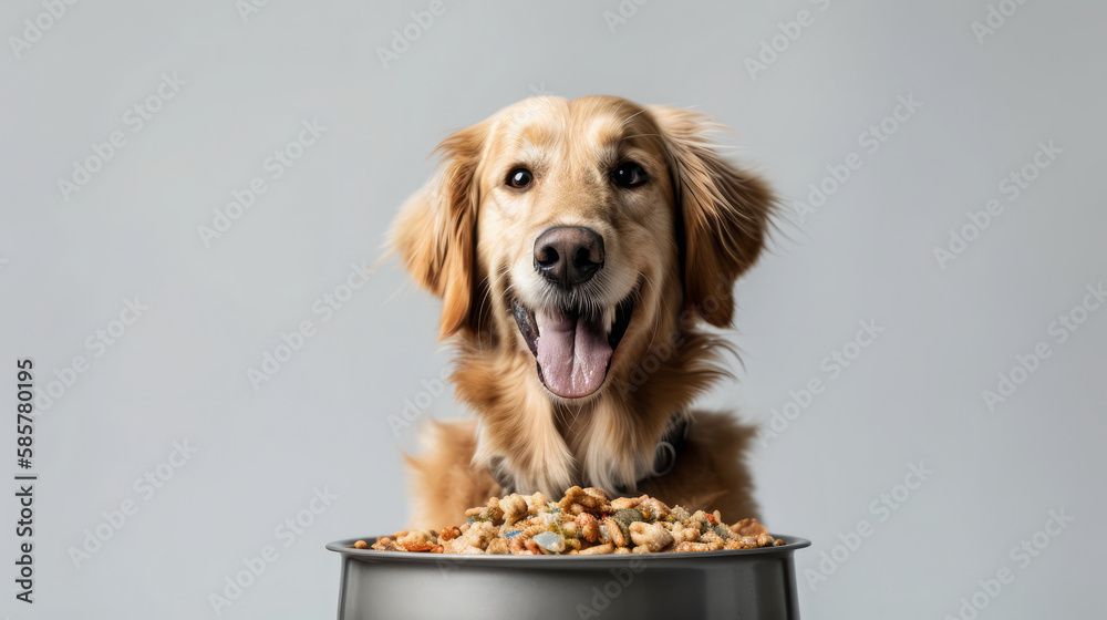 Pampered Pooch: Delighted Dog Enjoying a Hearty Meal. Smiling happy dog standing in front of bowl with dog food on plain background. Generative AI - obrazy, fototapety, plakaty 