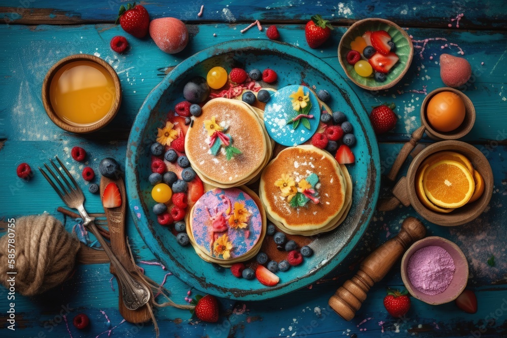 Fototapeta premium plate of pancakes with fresh fruit toppings on a blue background. Generative AI