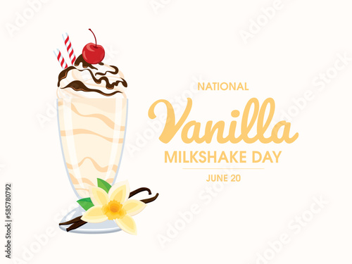 National Vanilla Milkshake Day vector illustration. Vanilla milkshake with whipped cream and chocolate topping icon. Glass of milkshake with cherry on top drawing. June 20 each year. Important day