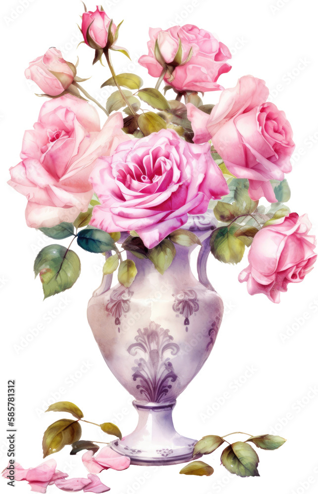 Obraz premium pink rose flower in vase watercolor
