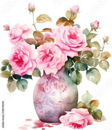 Fototapeta Naklejka Na Ścianę i Meble -  pink rose flower in vase watercolor