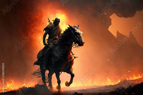 Fotótapéta orc riding a fiery steed through the black lands of mordor, created with generat