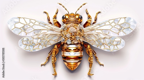 Generative AI, beautiful honey bee brooch, opal stone and golden color palette isolated on white background. Bijouterie, jewelry close up photo